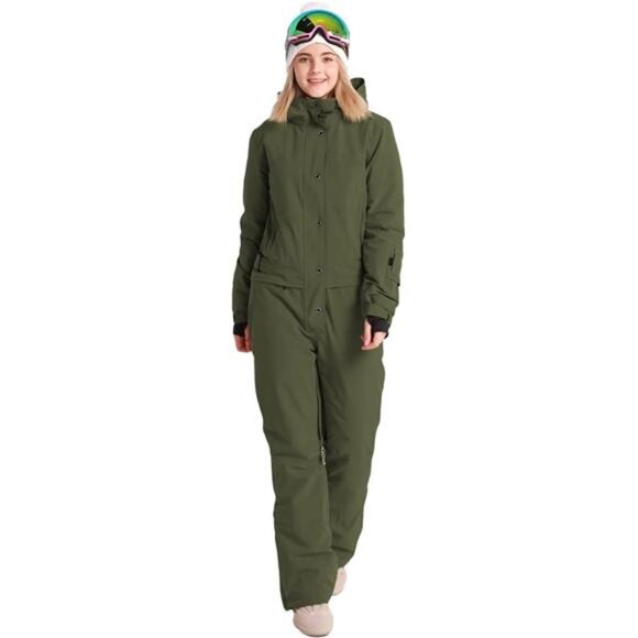 Womens Snowsuit One Pieces Ski Suits Jumpsuits Coveralls Jackets, Olive Green